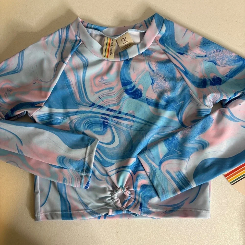 Ocean Pacific Girls‎ 5 Blue Pink Marble Rash Guard Swimsuit Set NEW